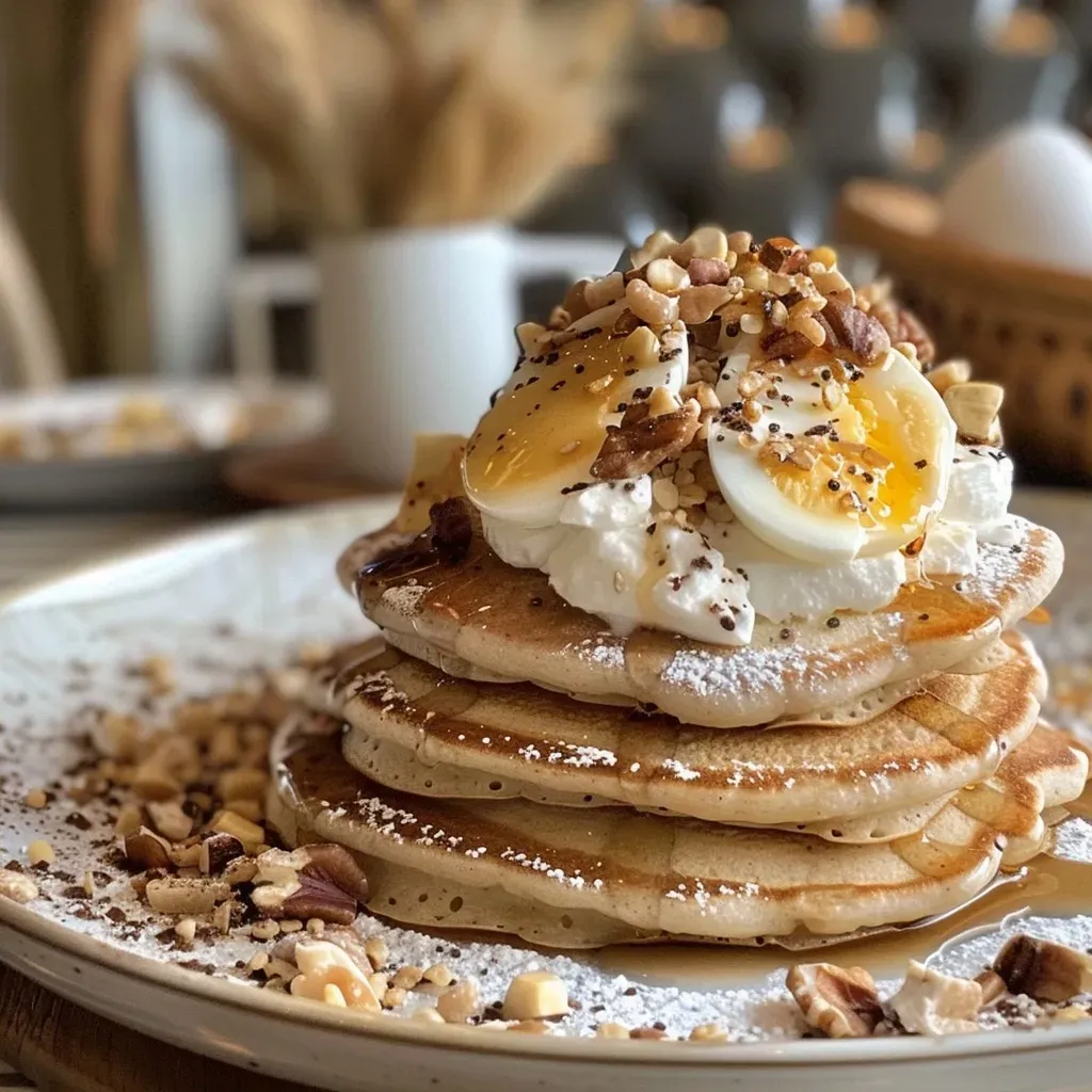 Pancakes de castaña apilados con frutas.