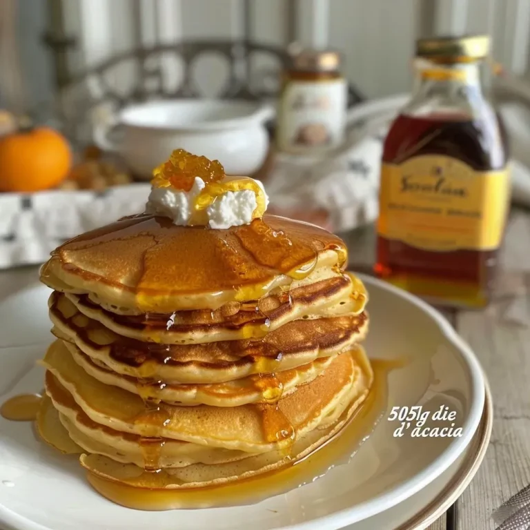 ['Pancakes de harina de castañas acompañados de ricotta y naranja.', 'Primer plano de pancakes esponjosos de castaña con ricotta.', 'Pancakes de harina de castañas servidos con crema de ricotta.', 'Vista lateral de pancakes de castaña decorados con ricotta y naranja.']