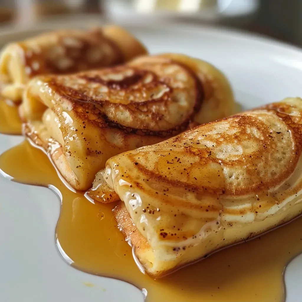 ['Pancakes de rollo de canela apilados con un glaseado jugoso.', 'Detalle de pancakes rollo de canela recién hechos con sirope.', 'Vista lateral de pancakes de canela con un aspecto esponjoso.', 'Pancakes de rollo de canela decorados con sirope y mantequilla.']