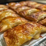 ['Pañuelitos de membrillo recién horneados en un plato.', 'Primer plano de pañuelitos de membrillo con textura dorada.', 'Vista lateral de pañuelitos de membrillo en una presentación apetitosa.', 'Pañuelitos de membrillo cortados, mostrando su relleno jugoso.']