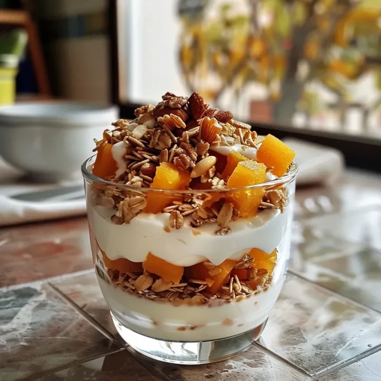 ['Parfait de calabaza y yogur en un vaso, decorado con nueces.', 'Vaso con parfait de calabaza, yogur y especias en primer plano.', 'Capas de calabaza y yogur en un recipiente con nueces.', 'Close up de parfait de calabaza con yogur y toppings crujientes.']