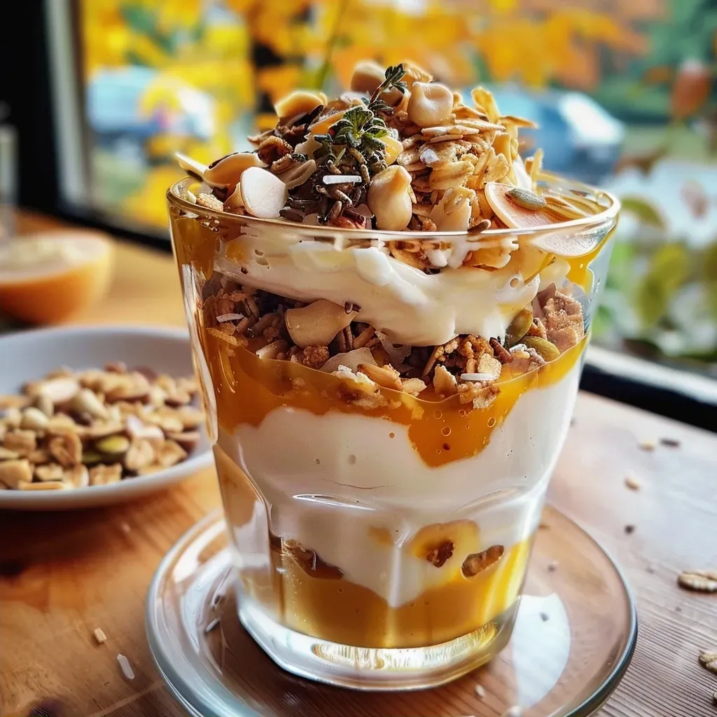 Parfait de calabaza y yogur en un vaso, decorado con nueces.