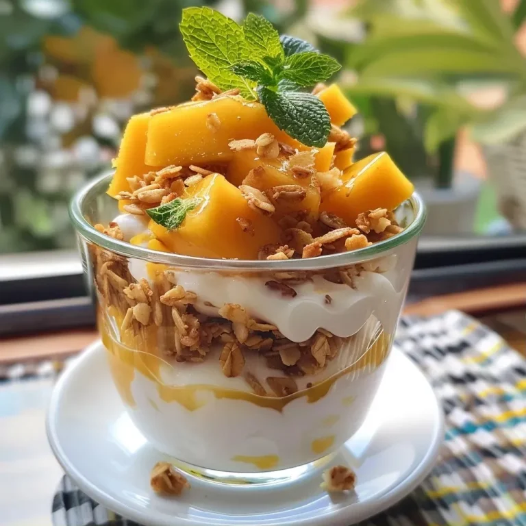 ['Parfait de mango con jengibre en un vaso transparente.', 'Postre colorido de parfait de mango decorado con menta.', 'Vista lateral de un parfait de mango y jengibre.', 'Capas de yogur, mango y granola en un parfait.']