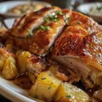['Pavo asado con castañas y membrillo presentado en un plato.', 'Vista lateral de un pavo asado con castañas y membrillo.', 'Plato de pavo asado acompañado de castañas y dulce de membrillo.', 'Primer plano de pavo asado con ingredientes como castañas y membrillo.']