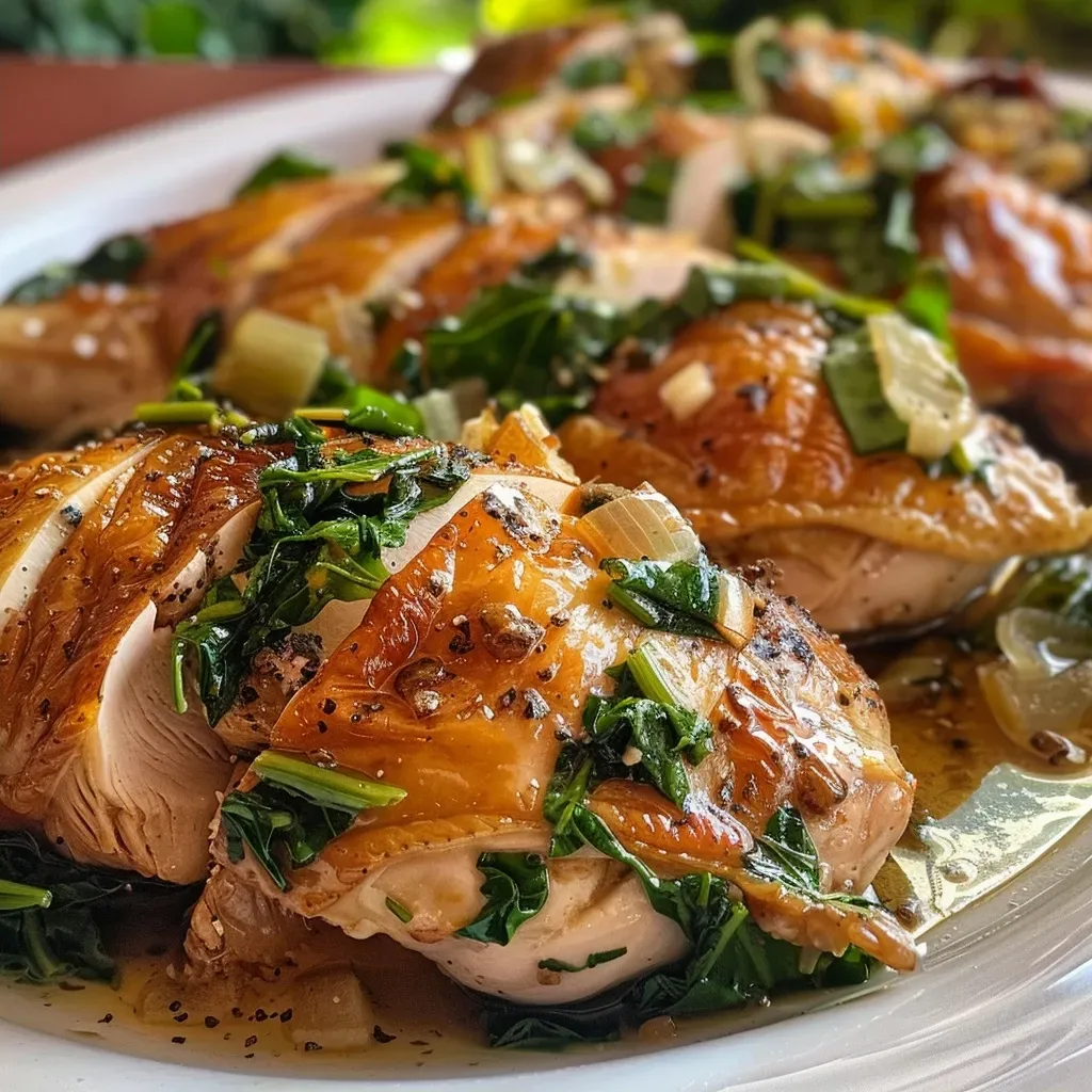 Pechuga de pavo ahumada acompañada de espinacas frescas.
