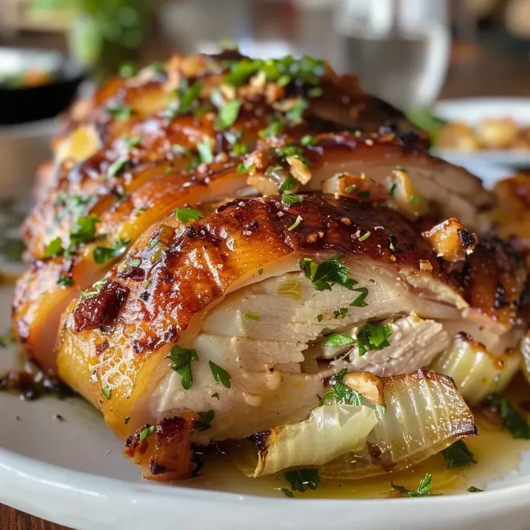 ['Pechuga de pavo rellena, jugosa y bien presentada.', 'Vista lateral de pechuga de pavo rellena con ingredientes visibles.', 'Detalle de pechuga de pavo rellena, mostrando su jugosidad.', 'Pechuga de pavo rellena, lista para servir en un plato.']