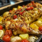 ['Pierna de pavo al horno jugosa con guarnición.', 'Vista lateral de una pierna de pavo asada dorada.', 'Detalle de pierna de pavo al horno con verduras asadas.', 'Pierna de pavo al horno, lista para servir.']