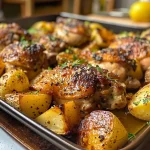 ['Muslos de pollo jugosos al horno acompañados de papas doradas.', 'Primer plano de pollo asado con papas en una bandeja.', 'Placa de pollo al horno con cubos de papa crujientes.', 'Pollo con papas asadas, listo para servir.']