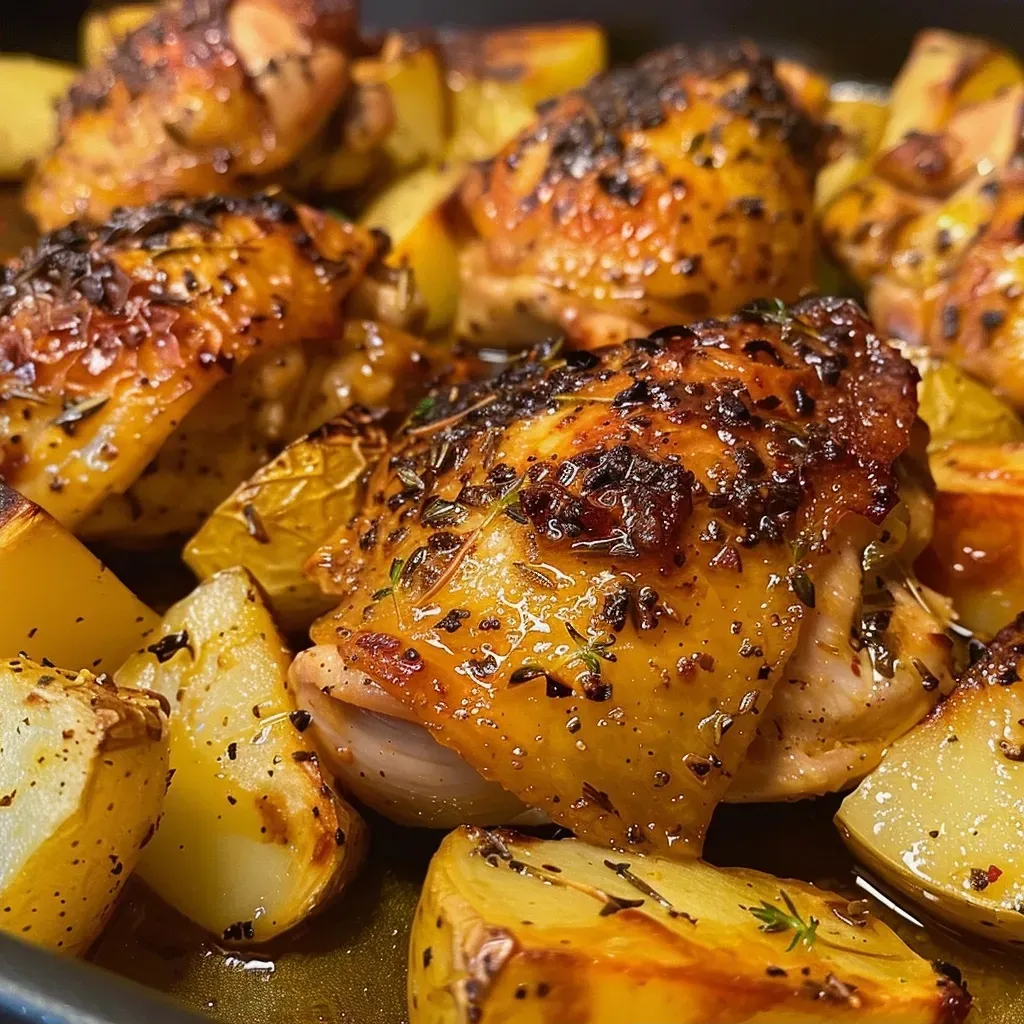 ['Muslos de pollo jugosos al horno acompañados de papas doradas.', 'Primer plano de pollo asado con papas en una bandeja.', 'Placa de pollo al horno con cubos de papa crujientes.', 'Pollo con papas asadas, listo para servir.']