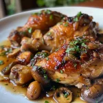 ['Pollo con castañas y setas en un plato.', 'Primer plano de pollo jugoso con castañas y setas.', 'Muslos de pollo acompañados de castañas y setas salteadas.', 'Detalle de un delicioso plato de pollo con castañas y setas.']