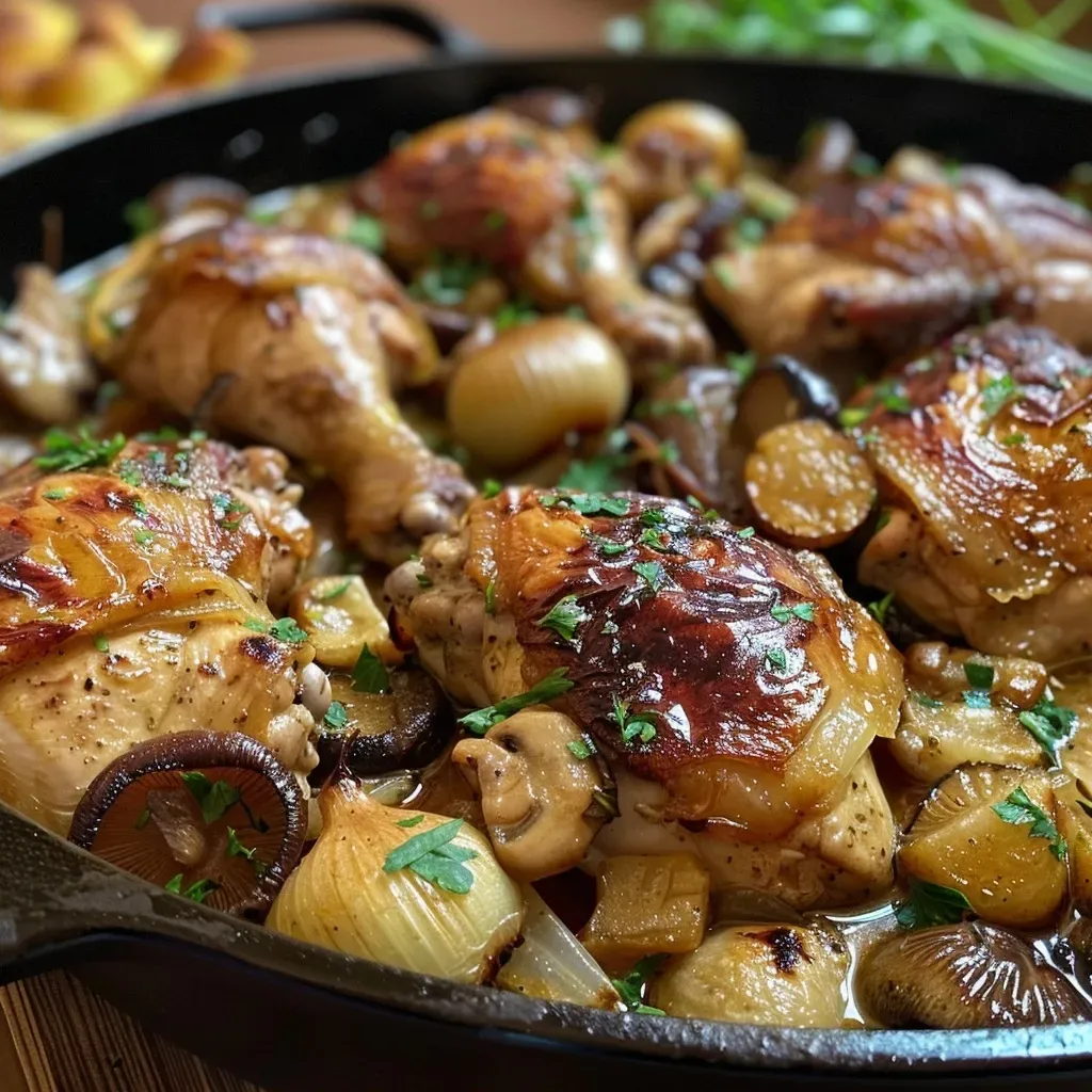 ['Pollo con castañas y setas en un plato.', 'Primer plano de pollo jugoso con castañas y setas.', 'Muslos de pollo acompañados de castañas y setas salteadas.', 'Detalle de un delicioso plato de pollo con castañas y setas.']