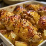 ['Pollo con papas al horno en un plato, mostrando su jugosidad.', 'Vista lateral de un plato de pollo con papas al horno apetitoso.', 'Muslos de pollo dorados acompañados de papas al horno.', 'Detalle de pollo con papas al horno, enfocado en la textura.']