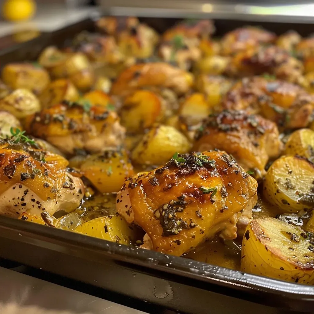 Pollo con papas al horno en un plato, mostrando su jugosidad.