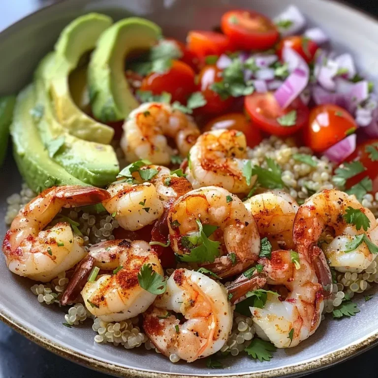 ['Bowl de quinoa con camarones y vegetales frescos.', 'Placa lateral de un quinoa bowl con camarones y guarniciones coloridas.', 'Primer plano de un plato de quinoa con camarones y aguacate.', 'Quinoa bowl con camarones, tomate cherry y cebolla roja.']