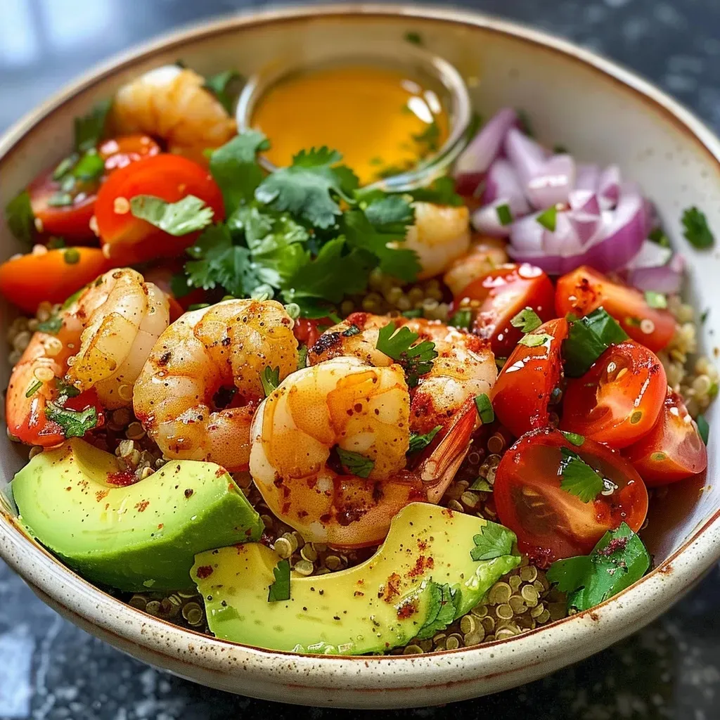 ['Bowl de quinoa con camarones y vegetales frescos.', 'Placa lateral de un quinoa bowl con camarones y guarniciones coloridas.', 'Primer plano de un plato de quinoa con camarones y aguacate.', 'Quinoa bowl con camarones, tomate cherry y cebolla roja.']