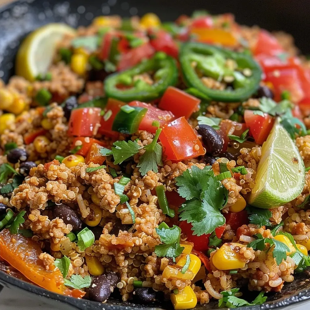 Plato de pavo molido alto en proteínas con quinoa y verduras.