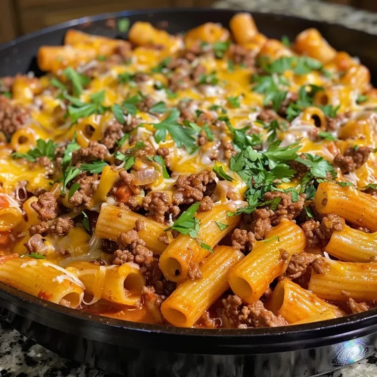 ['Sartén de carne molida con queso derretido y pasta.', 'Vista lateral de un plato de carne molida con pasta y queso.', 'Mezcla jugosa de carne molida y queso en sartén.', 'Receta de sartén con carne, pasta y tomate.']