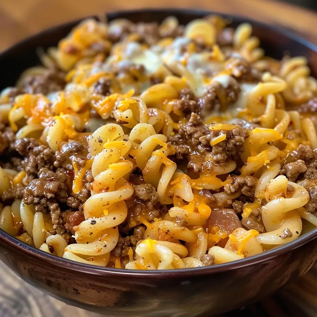 Sartén de carne molida con queso derretido y pasta.