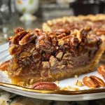 ['Tarta de nuez con corteza dorada y pecanas en la parte superior.', 'Vista lateral de una tarta de nuez recién horneada con pecanas.', 'Primer plano de una tarta de nuez con un aspecto jugoso y delicioso.', 'Tarta de nuez con textura suave y brillante, decorada con pecanas.']
