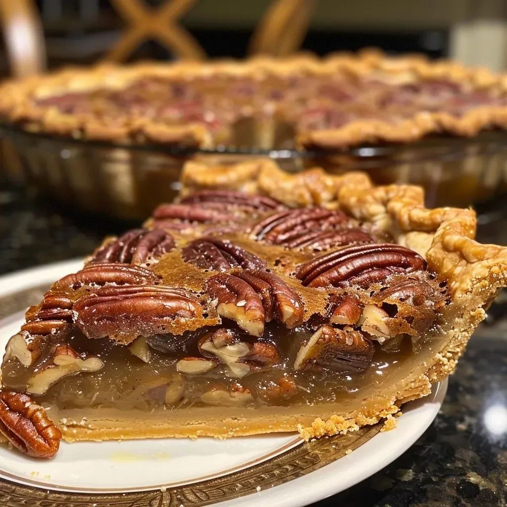 Tarta de nuez con corteza dorada y pecanas en la parte superior.