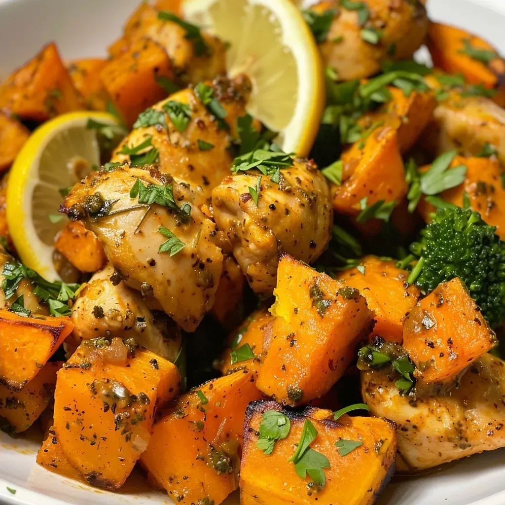 ['Tazón de pollo y batata con brócoli y limón.', 'Placa de pollo asado y batata con guarnición de perejil.', 'Close up de tazón de pollo y batata, colorido y apetitoso.', 'Vista lateral de un tazón con pollo, batata y verduras.']