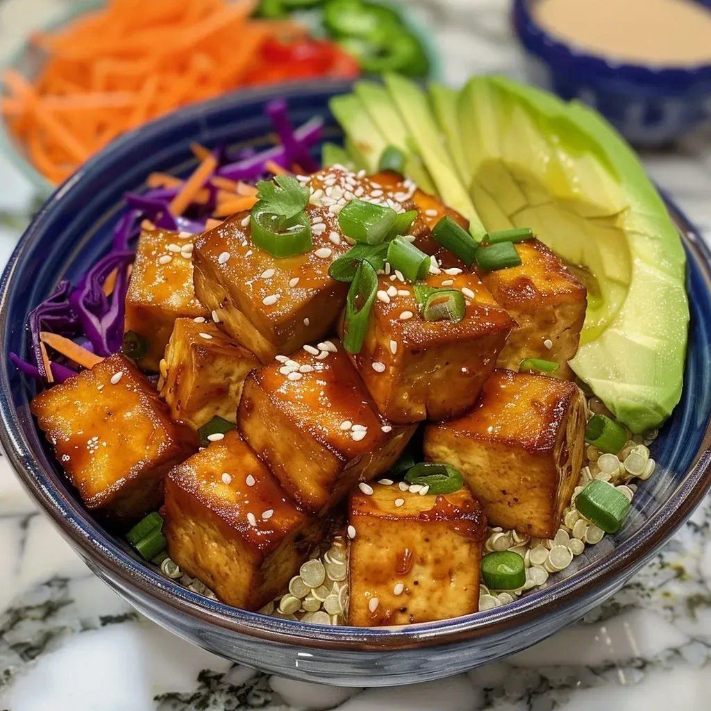 Tazón de tofu alto en proteínas con quinoa y vegetales frescos.