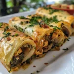 ['Rollitos de espinacas, tofu y shiitake sobre un fondo claro.', 'Vista lateral de rollitos rellenos de espinacas y tofu.', 'Detalle de rollitos de pasta filo rellenos con verduras y tofu.', 'Primer plano de rollitos de espinacas y shiitake, listos para servir.']