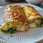 ['Rollo de tortilla con jamón, queso y brócoli en primer plano.', 'Rollo de tortilla repleto de jamón, queso y brócoli visto de lado.', 'Detalle de un rollo de tortilla con jamón y brócoli.', 'Tortilla enrollada con jamón, queso y brócoli en vista lateral.']