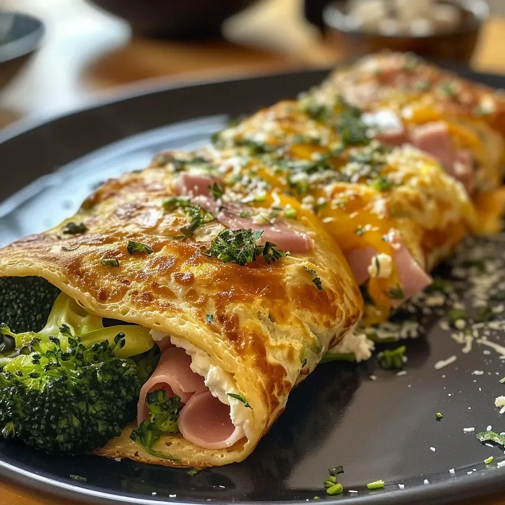 Rollo de tortilla con jamón, queso y brócoli en primer plano.