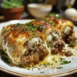 ['Rollos de carne rellenos de queso en primer plano.', 'Vista lateral de jugosos rollos de carne con queso.', 'Detalle de rollos de carne con queso derretido.', 'Cierre de rollos de carne preparados con queso.']
