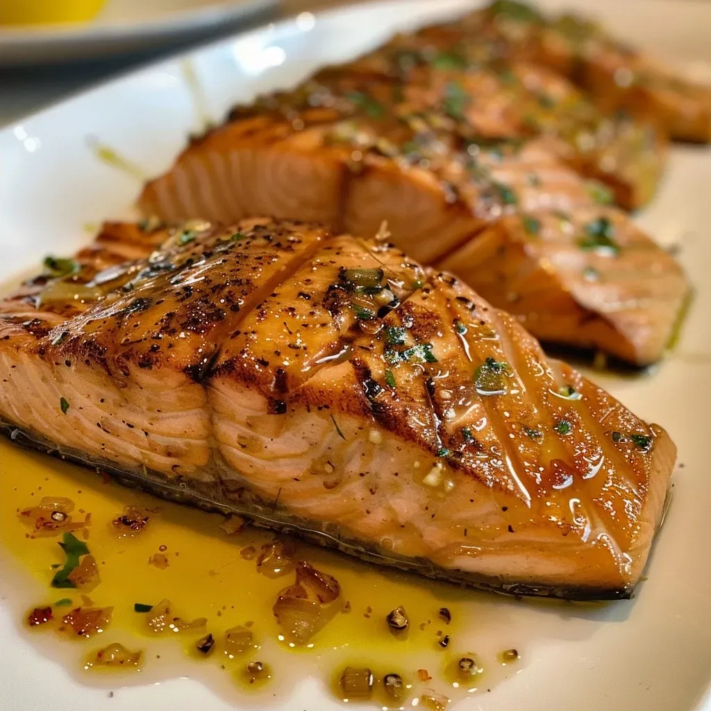 Filete de salmón a la plancha dorado y jugoso.
