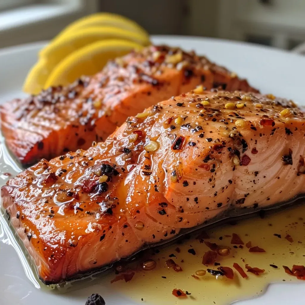 ['Filete de salmón jugoso cocinado en freidora de aire.', 'Vista lateral de salmón dorado en freidora de aire.', 'Salmón crujiente presentado en un plato.', 'Detalle de un salmón cocido en freidora de aire.']