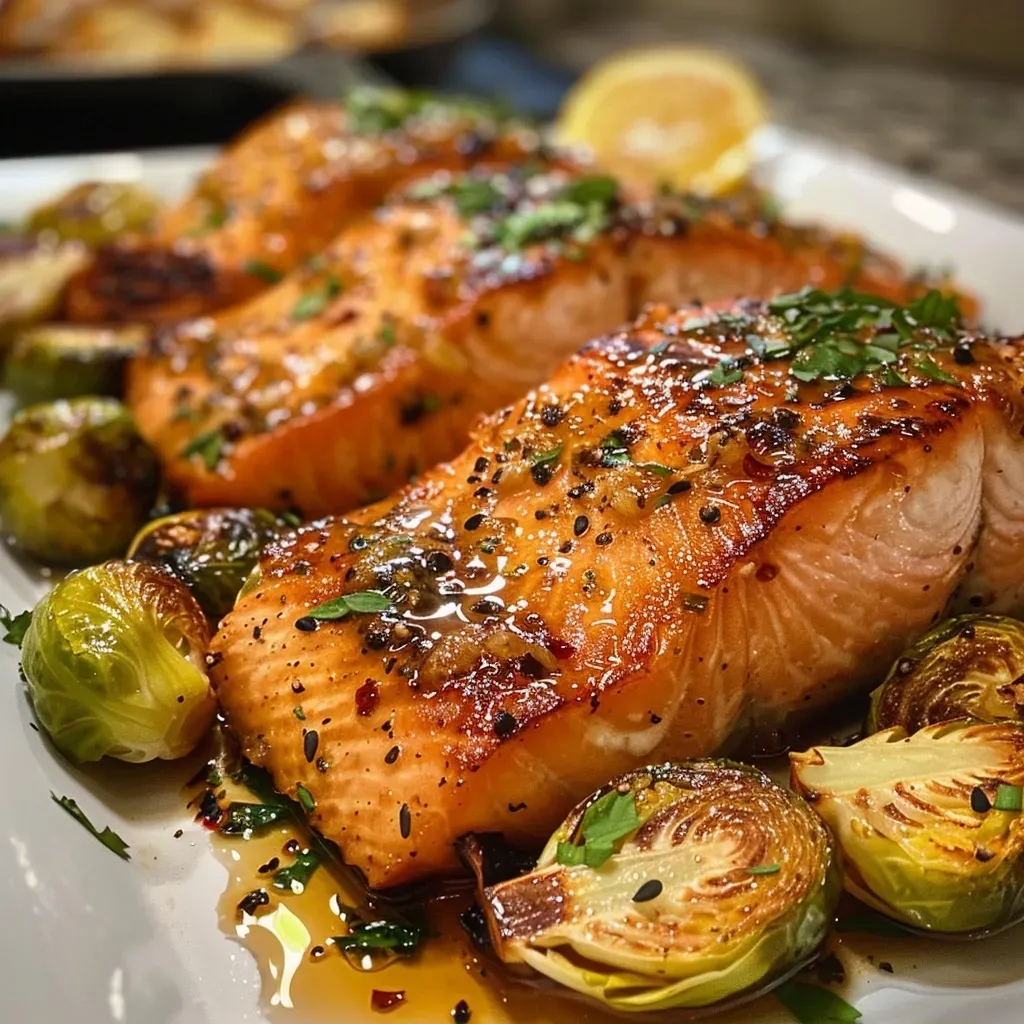Salmón glaseado con jarabe de arce acompañado de coles de Bruselas y papas fingerling.