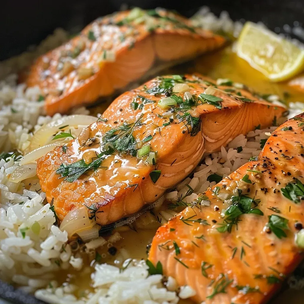 Primer plano de salmón jugoso en una olla con arroz.