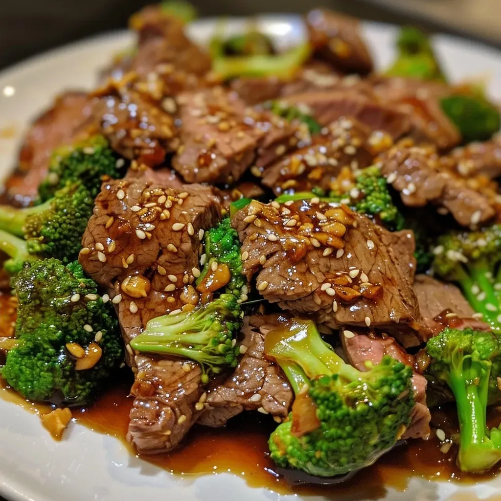 Salteado de ternera y brócoli en un plato, con salsa y vegetales frescos.