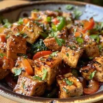 ['Salteado de tofu crujiente con verduras frescas.', 'Tofu dorado acompañado de brócoli y pimientos.', 'Primer plano de un salteado de tofu con colores vibrantes.', 'Plato de tofu crujiente salteado con vegetales.']