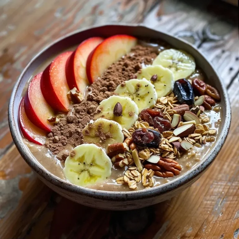 ['Smoothie bowl de manzana con toppings coloridos.', 'Primer plano de un smoothie bowl de manzana con granola y nueces.', 'Tazón de smoothie de manzana decorado con frutas y frutos secos.', 'Smoothie bowl de manzana, plátano y especias, listo para degustar.']
