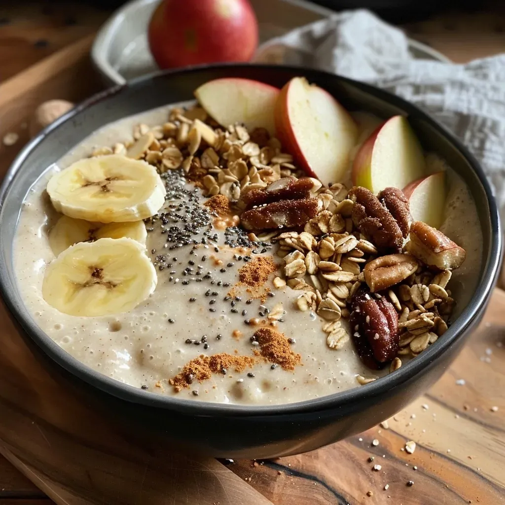 Smoothie bowl de manzana con toppings coloridos.