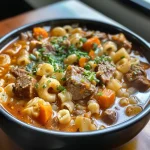 ['Primer plano de una sopa de carne de res con macarrones.', 'Vista lateral de sopa de carne de res y macarrones en un tazón.', 'Detalle de sopa de carne de res con ingredientes frescos visibles.', 'Sopa caliente de carne de res y macarrones en un plato hondo.']