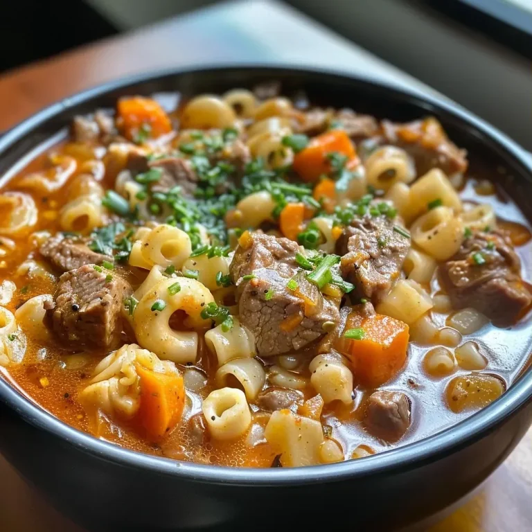 ['Primer plano de una sopa de carne de res con macarrones.', 'Vista lateral de sopa de carne de res y macarrones en un tazón.', 'Detalle de sopa de carne de res con ingredientes frescos visibles.', 'Sopa caliente de carne de res y macarrones en un plato hondo.']