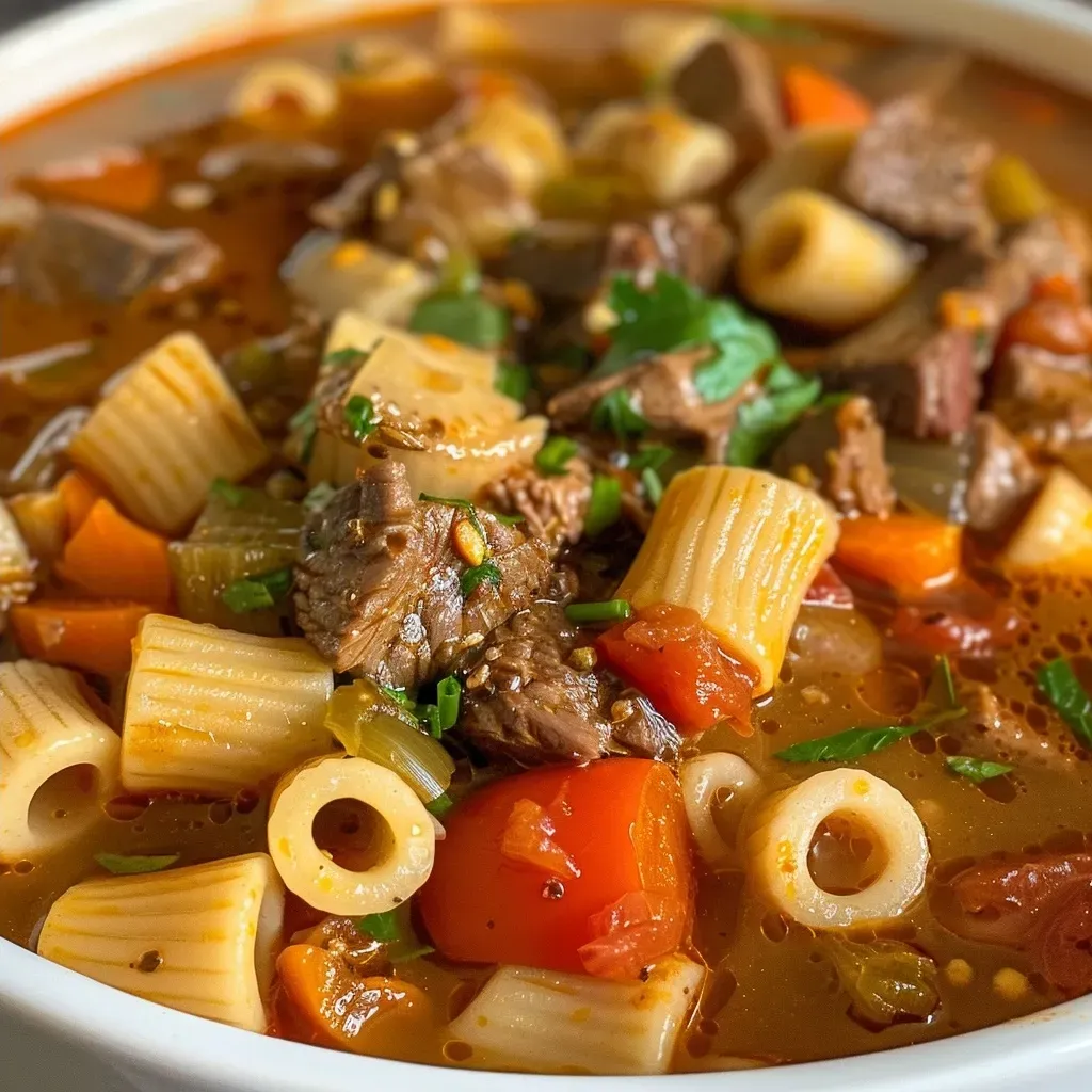Primer plano de una sopa de carne de res con macarrones.