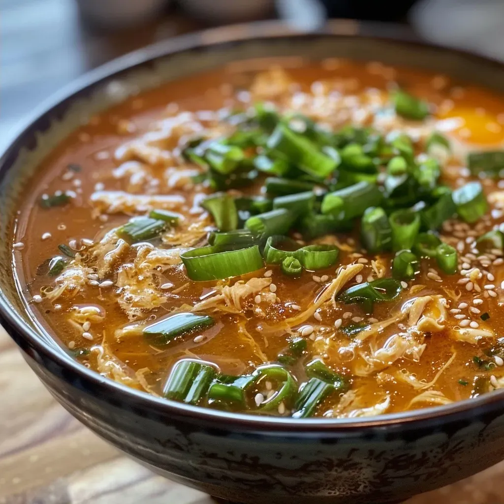 Sopa de huevo en un tazón, con ingredientes visibles.