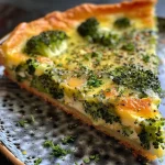 ['Tarta de brócoli sin horno con ingredientes frescos.', 'Vista lateral de una tarta de brócoli lista para servir.', 'Tarta de brócoli cocida presentada en un plato.', 'Detalle de una tarta de brócoli sin horno.']