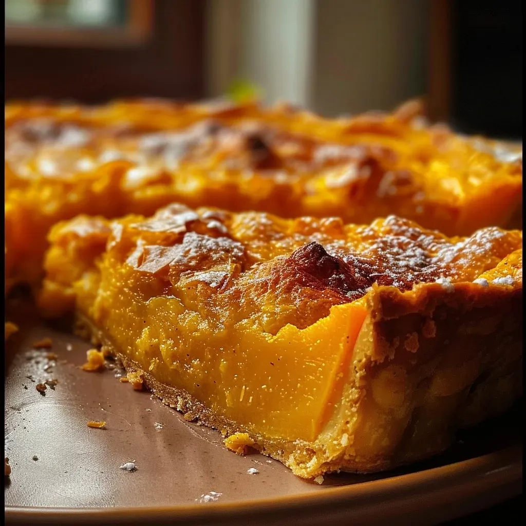 ['Tarta de calabaza vista lateral, con un colorido relleno.', 'Primer plano de tarta de calabaza, resaltando su textura y color.', 'Tarta de calabaza en un plato, mostrando su jugosidad.', 'Detalle de la tarta de calabaza, con ingredientes visibles en el fondo.']