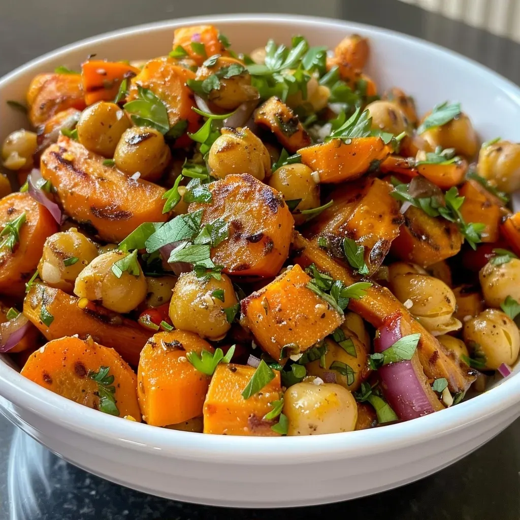 Tazón colorido con zanahorias asadas y garbanzos.