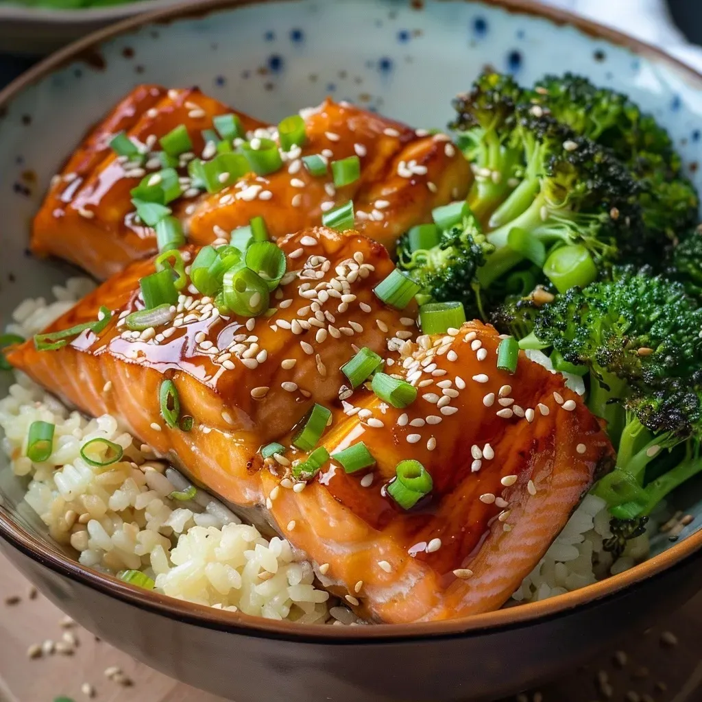 ['Tazón de salmón teriyaki con brócoli y arroz.', 'Placa lateral de salmón teriyaki con ingredientes frescos.', 'Primer plano de un tazón de salmón teriyaki y verduras.', 'Vista detallada de Teriyaki Salmon Bowls con salsa.']
