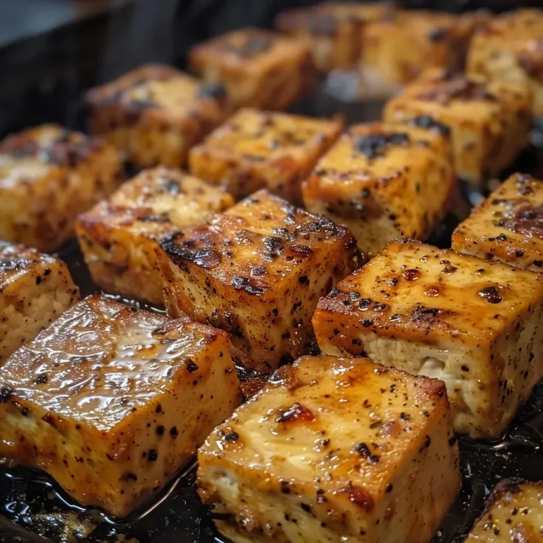 ['Tofu a la parrilla jugoso cortado en trozos.', 'Primer plano de tofu firme cocinado a la parrilla.', 'Tofu grillado con especias sobre una superficie.', 'Porción de tofu a la parrilla en vista lateral.']