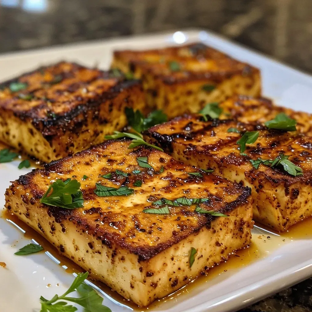 Tofu a la parrilla jugoso cortado en trozos.