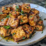['Tofu al ajo con mantequilla en un plato.', 'Primer plano de tofu dorado con ingredientes frescos.', 'Tofu salteado con ajo y hierbas, listo para servir.', 'Tofu marinado en mantequilla y ajo, presentado de lado.']