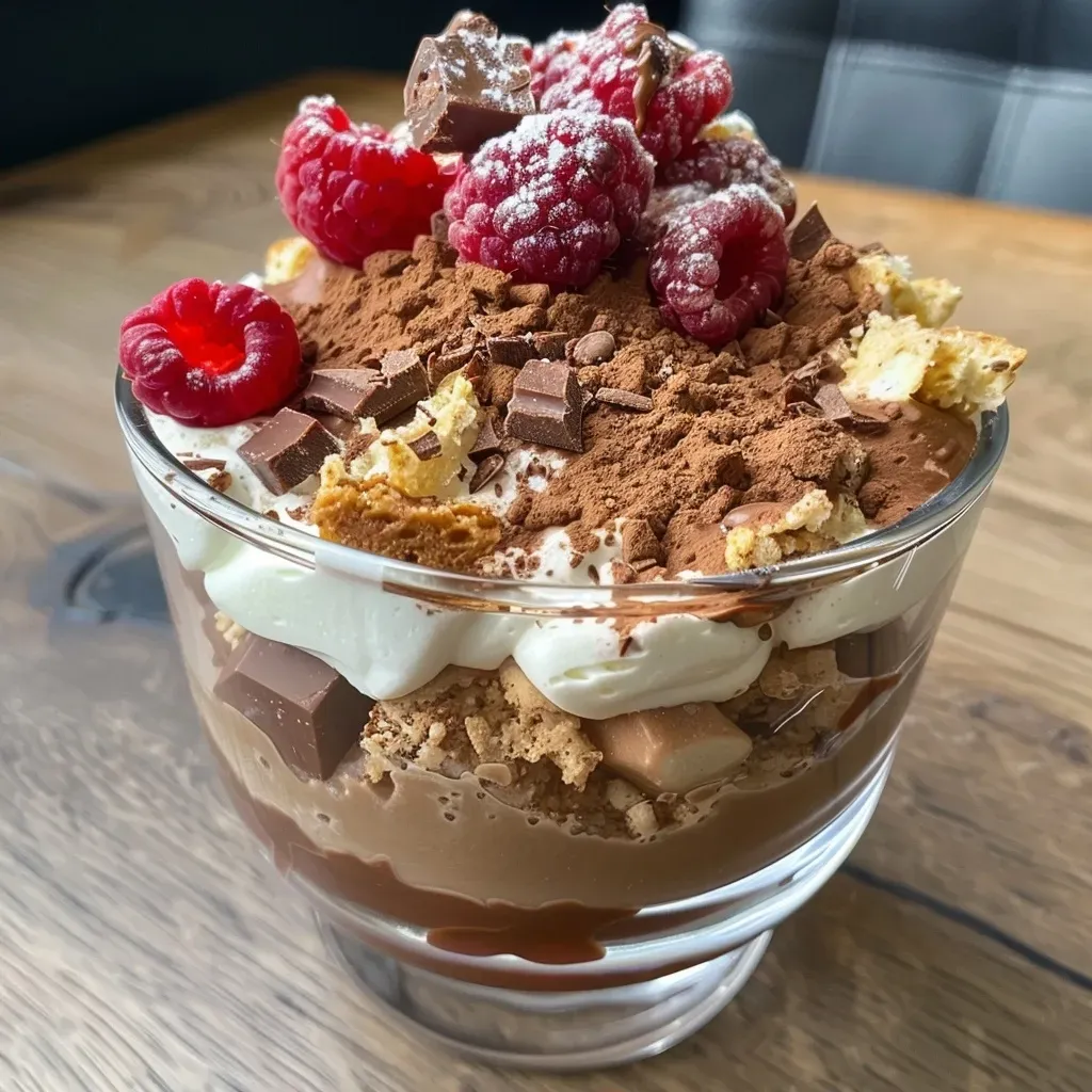 Trifle alto en proteínas con capas de yogur y chocolate.